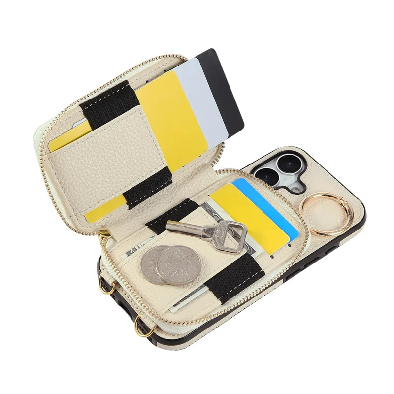 For iPhone 17 Case Zipper Card Holder PU Leather Phone Back Cover with Shoulder Strap - Beige