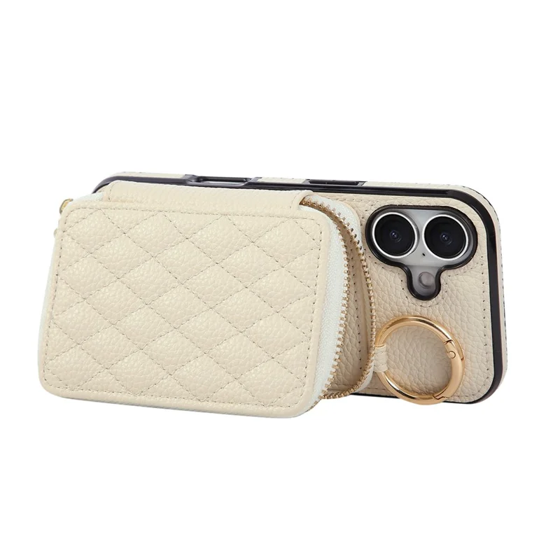 For iPhone 17 Case Zipper Card Holder PU Leather Phone Back Cover with Shoulder Strap - Beige