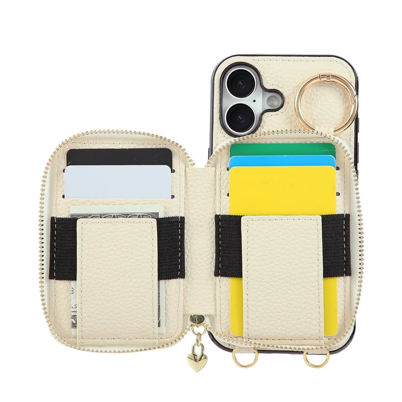 For iPhone 17 Case Zipper Card Holder PU Leather Phone Back Cover with Shoulder Strap - Beige