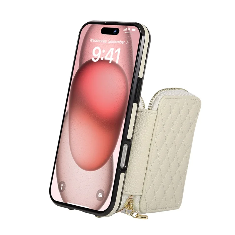 For iPhone 17 Case Zipper Card Holder PU Leather Phone Back Cover with Shoulder Strap - Beige