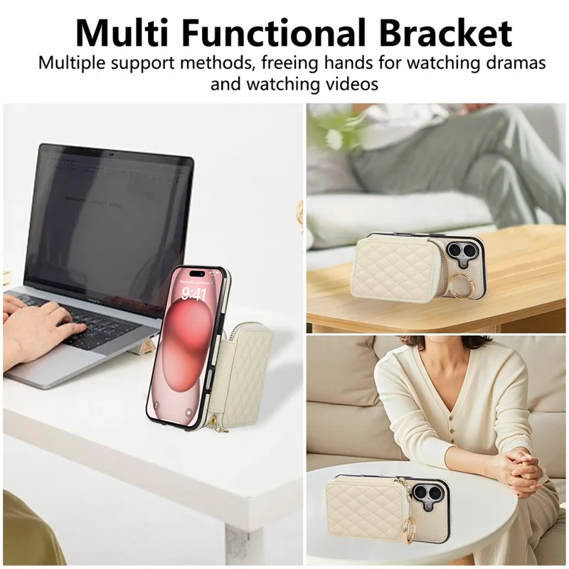 For iPhone 17 Case Zipper Card Holder PU Leather Phone Back Cover with Shoulder Strap - Beige