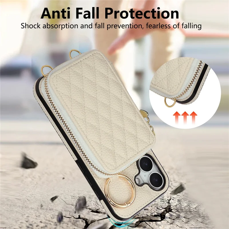 For iPhone 17 Case Zipper Card Holder PU Leather Phone Back Cover with Shoulder Strap - Beige