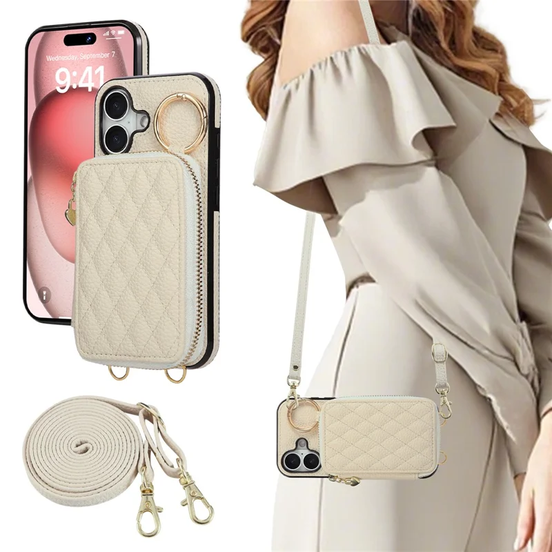 For iPhone 17 Case Zipper Card Holder PU Leather Phone Back Cover with Shoulder Strap - Beige