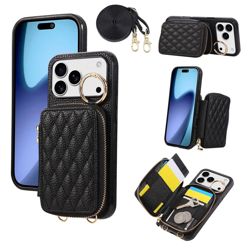 Coque pour iPhone 17 Pro Max avec Porte-cartes à Fermeture Éclair, Housse Arrière en Cuir PU avec Sangle d'Épaule - Noir