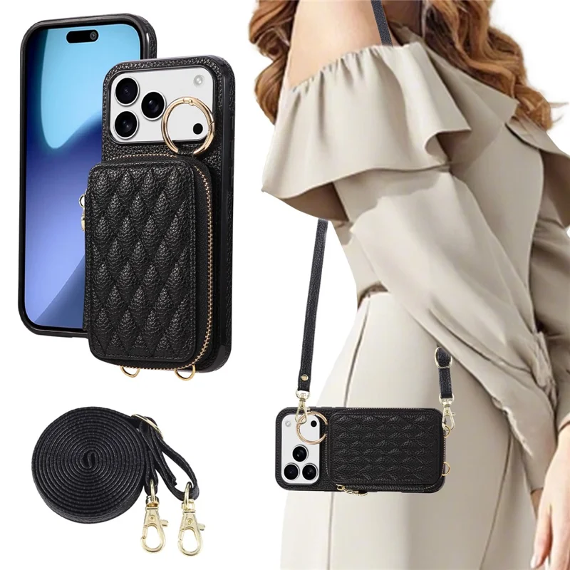 Coque pour iPhone 17 Pro Max avec Porte-cartes à Fermeture Éclair, Housse Arrière en Cuir PU avec Sangle d'Épaule - Noir