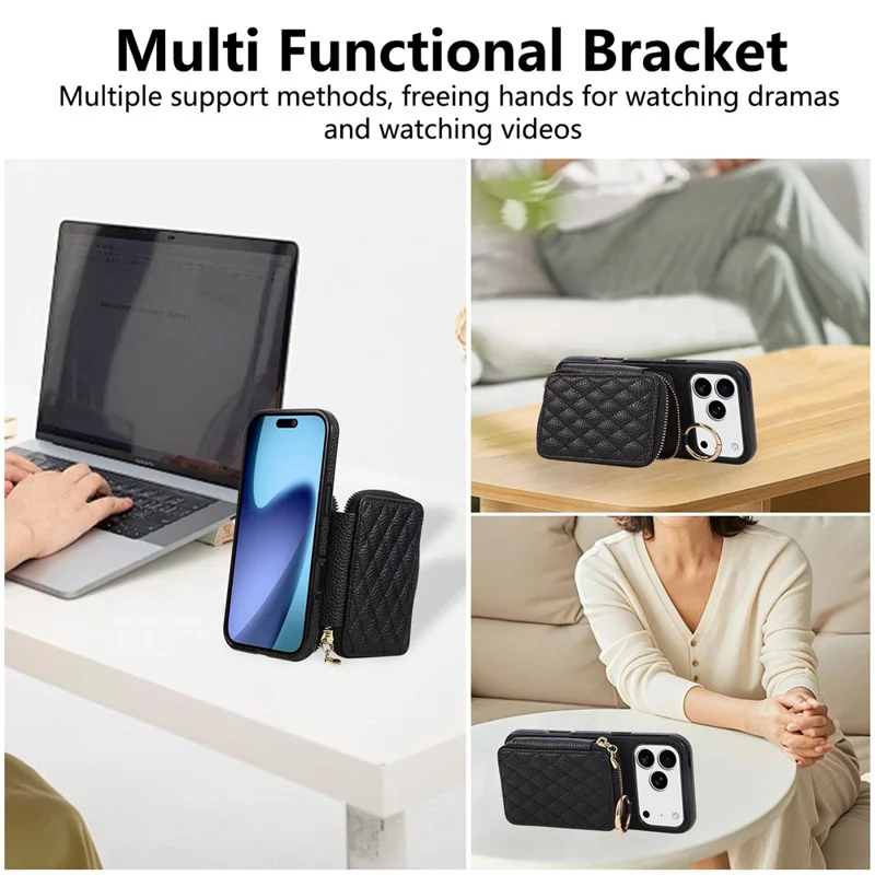 Coque pour iPhone 17 Pro Max avec Porte-cartes à Fermeture Éclair, Housse Arrière en Cuir PU avec Sangle d'Épaule - Noir