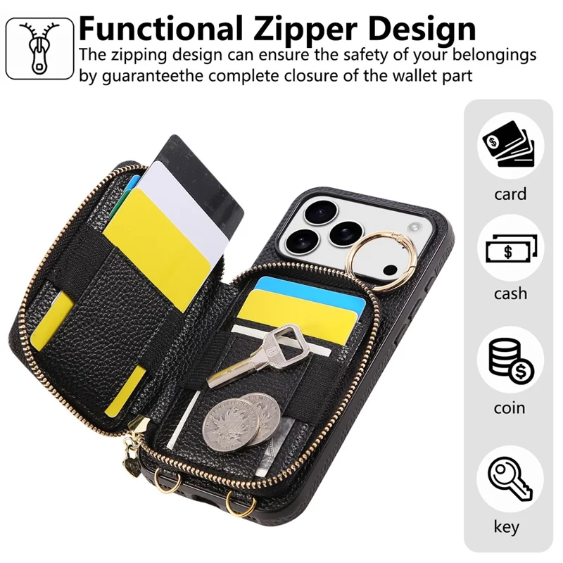 Coque pour iPhone 17 Pro Max avec Porte-cartes à Fermeture Éclair, Housse Arrière en Cuir PU avec Sangle d'Épaule - Noir