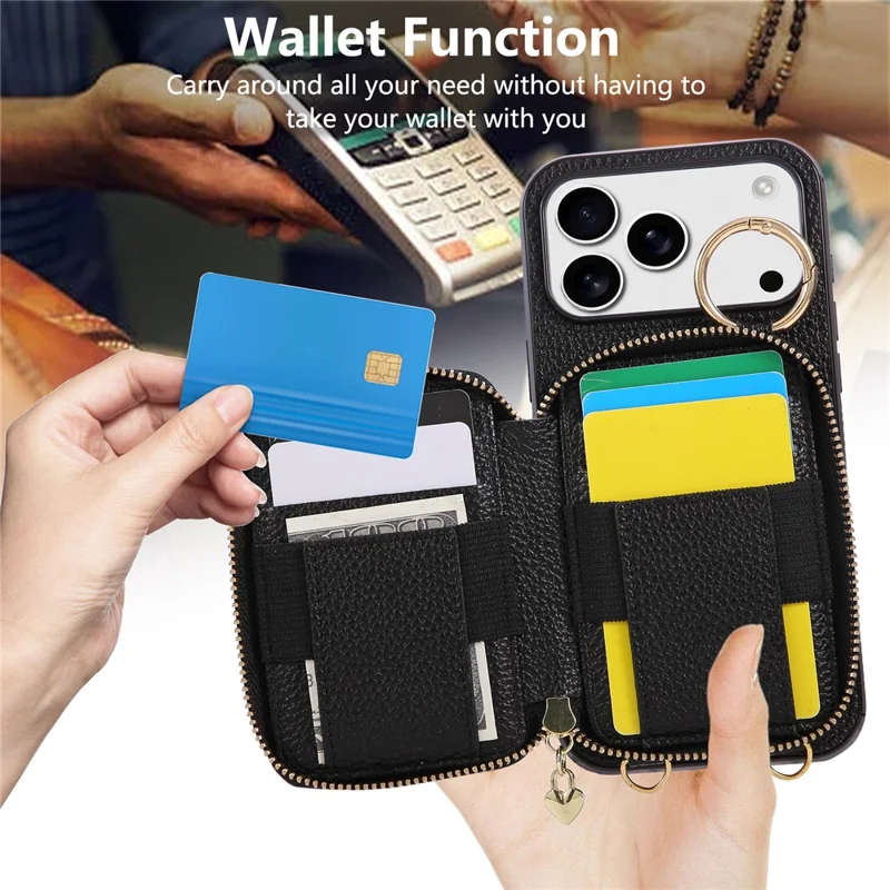 Coque pour iPhone 17 Pro Max avec Porte-cartes à Fermeture Éclair, Housse Arrière en Cuir PU avec Sangle d'Épaule - Noir
