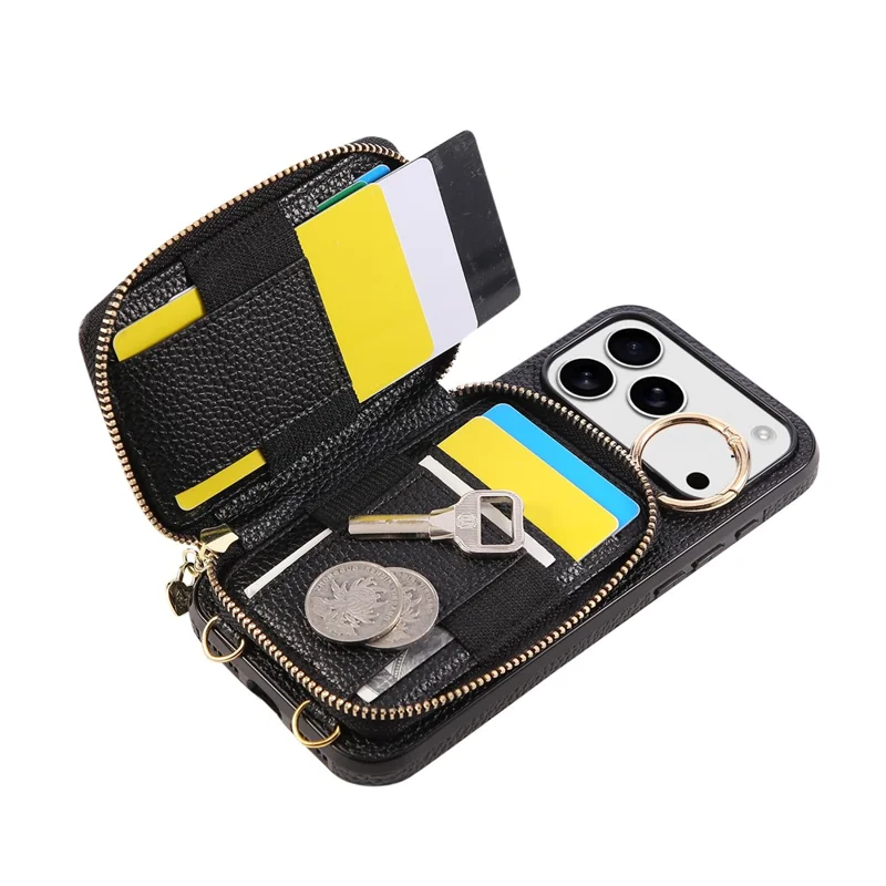 Coque pour iPhone 17 Pro Max avec Porte-cartes à Fermeture Éclair, Housse Arrière en Cuir PU avec Sangle d'Épaule - Noir