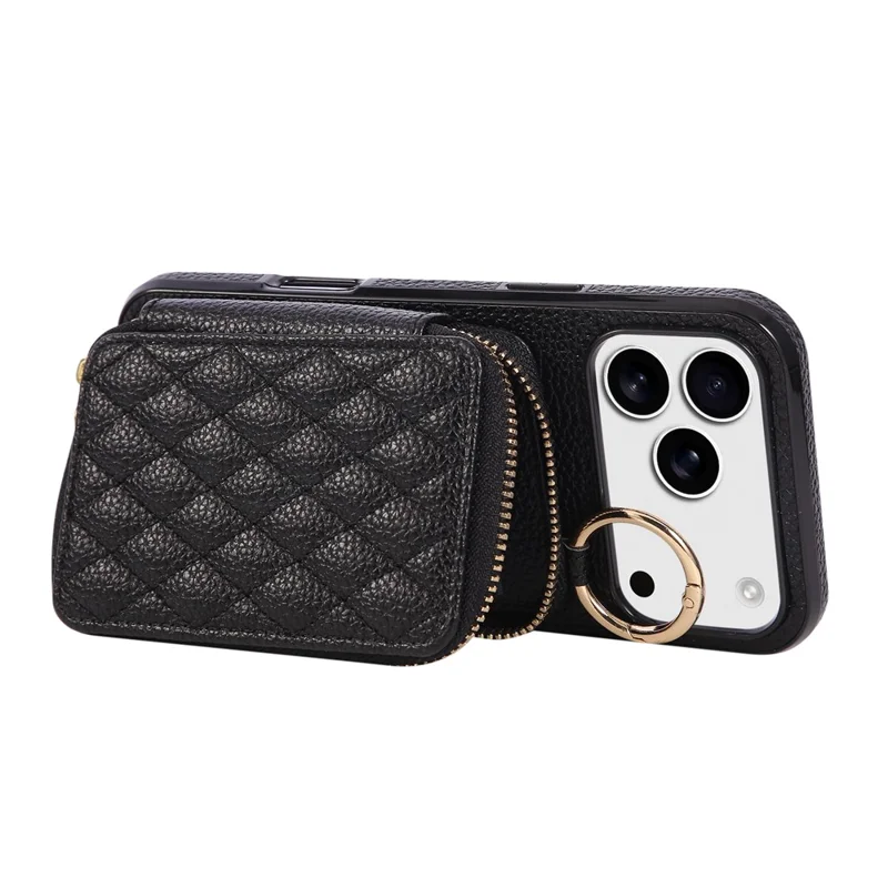 Coque pour iPhone 17 Pro Max avec Porte-cartes à Fermeture Éclair, Housse Arrière en Cuir PU avec Sangle d'Épaule - Noir