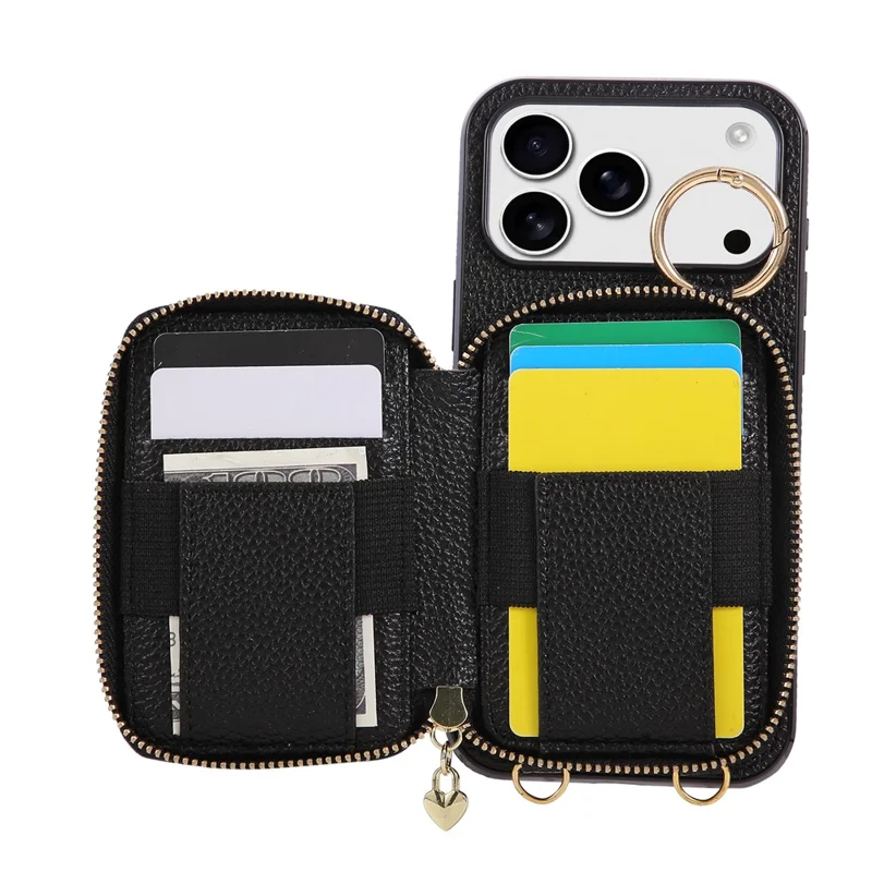 Coque pour iPhone 17 Pro Max avec Porte-cartes à Fermeture Éclair, Housse Arrière en Cuir PU avec Sangle d'Épaule - Noir
