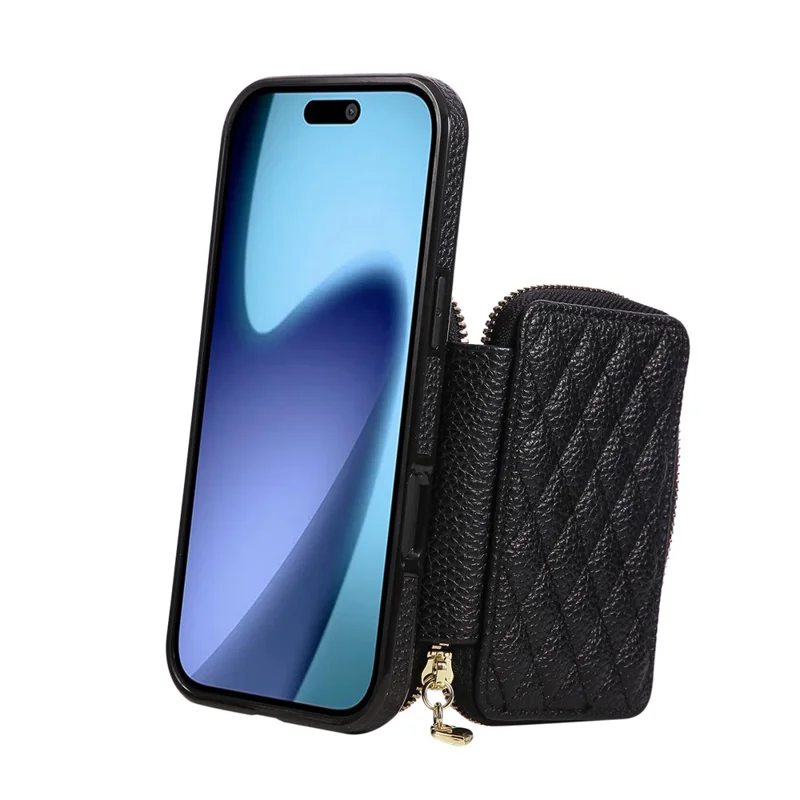 Coque pour iPhone 17 Pro Max avec Porte-cartes à Fermeture Éclair, Housse Arrière en Cuir PU avec Sangle d'Épaule - Noir