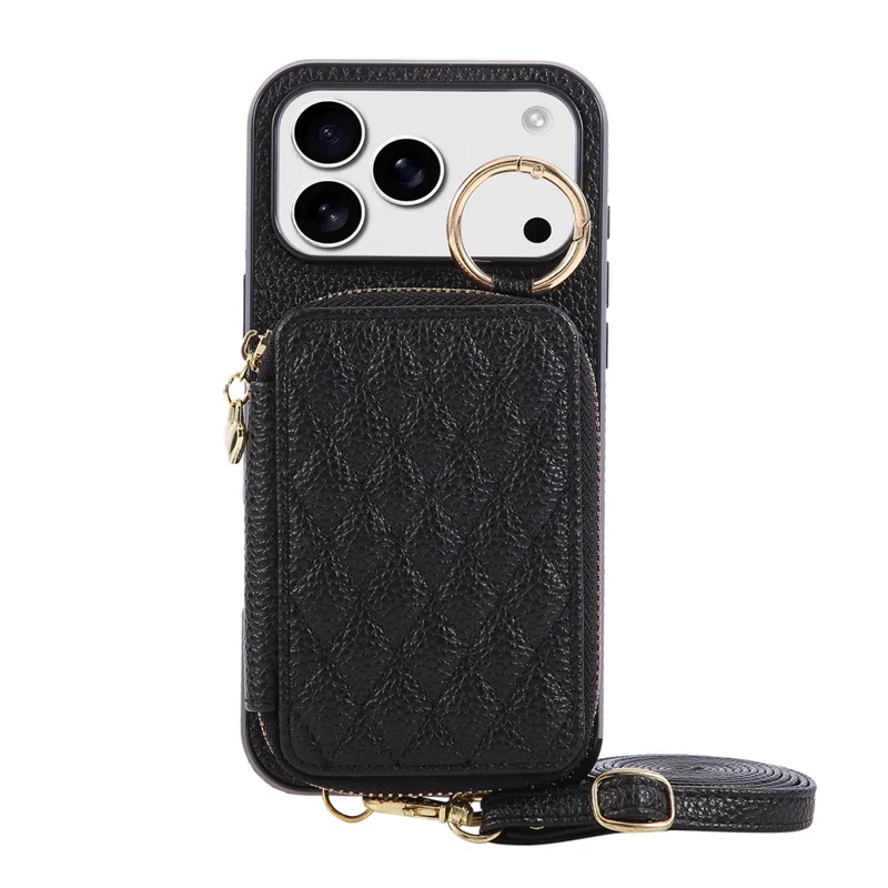 Coque pour iPhone 17 Pro Max avec Porte-cartes à Fermeture Éclair, Housse Arrière en Cuir PU avec Sangle d'Épaule - Noir