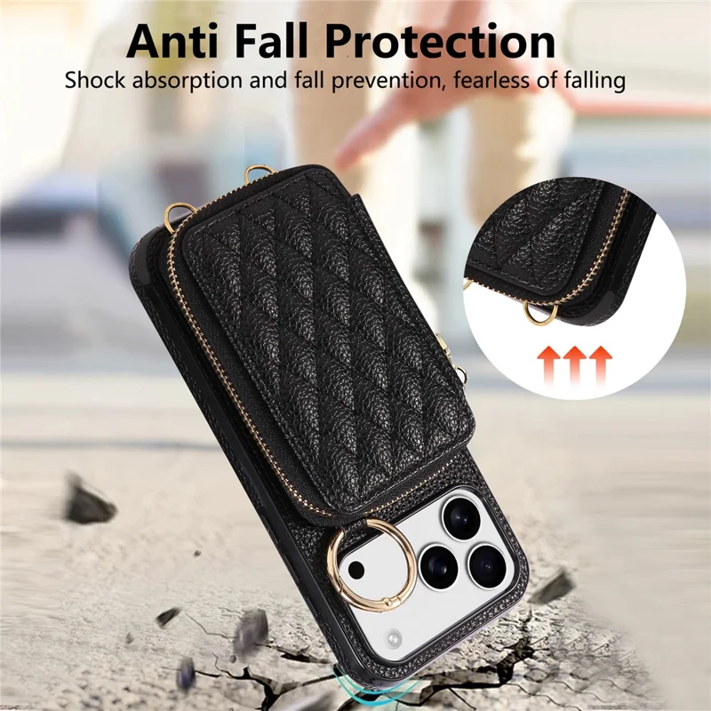 Coque pour iPhone 17 Pro Max avec Porte-cartes à Fermeture Éclair, Housse Arrière en Cuir PU avec Sangle d'Épaule - Noir