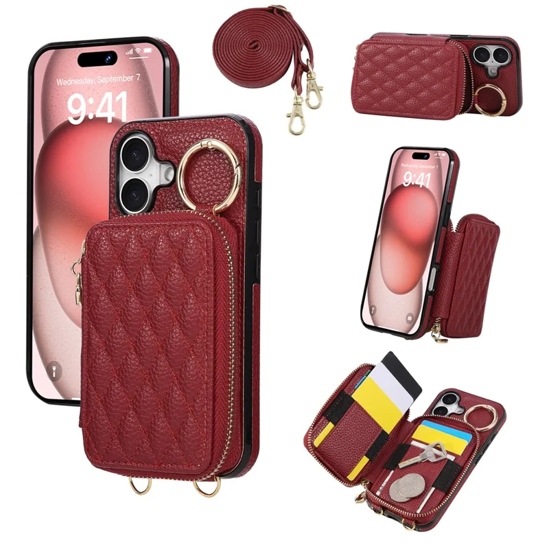 Funda para iPhone 16 con soporte para tarjetas, cremallera, correa de hombro y tapa trasera de cuero PU - Rojo