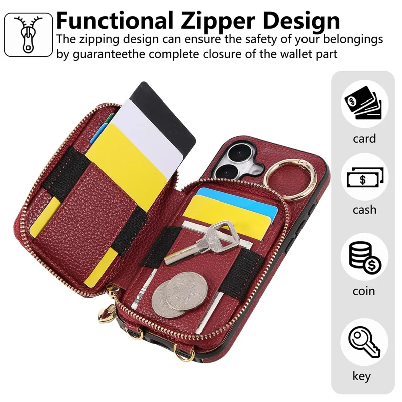 Funda para iPhone 16 con soporte para tarjetas, cremallera, correa de hombro y tapa trasera de cuero PU - Rojo