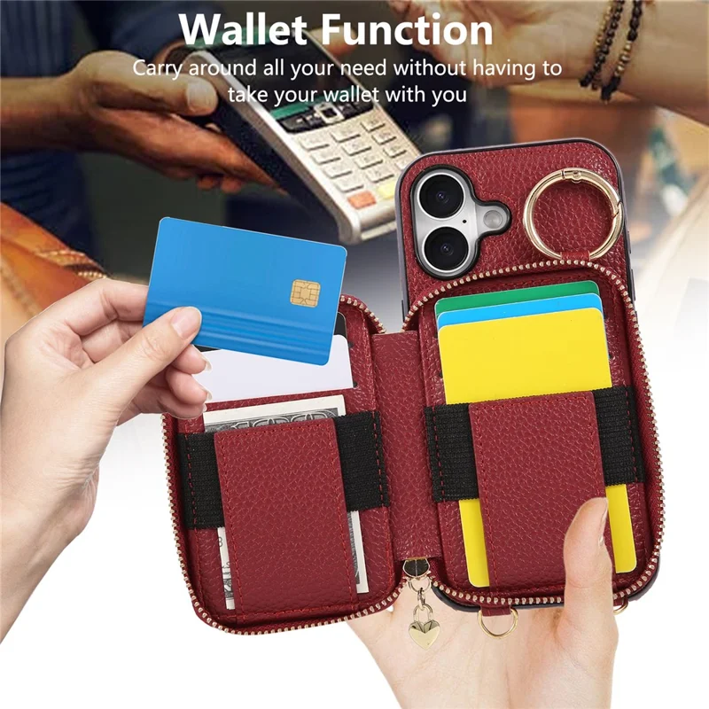 Funda para iPhone 16 con soporte para tarjetas, cremallera, correa de hombro y tapa trasera de cuero PU - Rojo