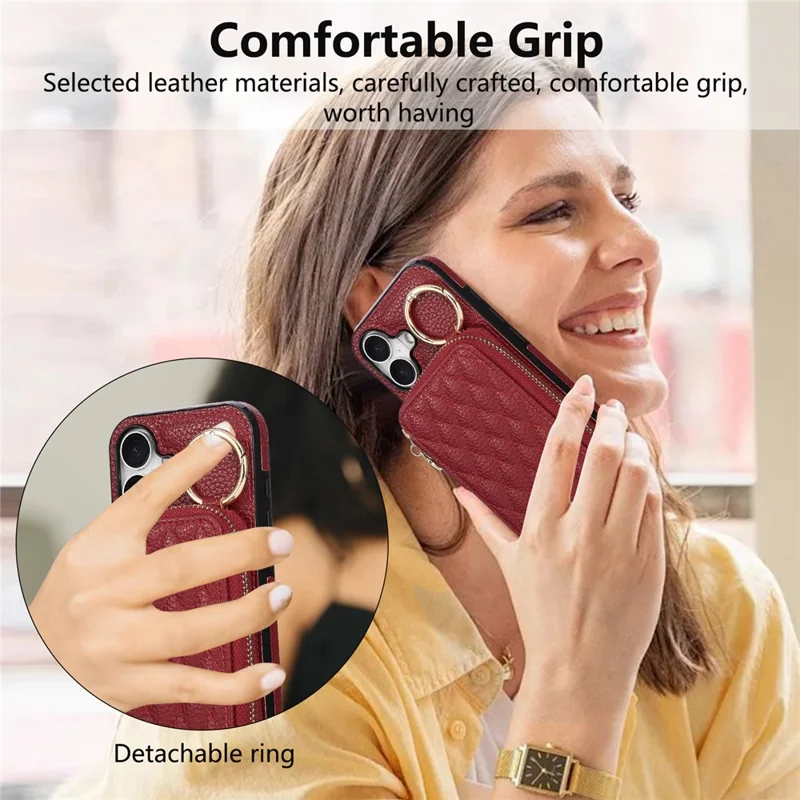 Funda para iPhone 16 con soporte para tarjetas, cremallera, correa de hombro y tapa trasera de cuero PU - Rojo