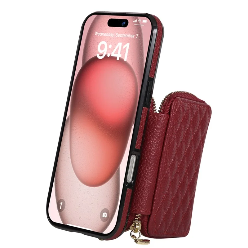 Funda para iPhone 16 con soporte para tarjetas, cremallera, correa de hombro y tapa trasera de cuero PU - Rojo
