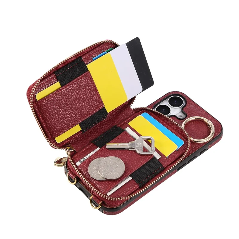 Funda para iPhone 16 con soporte para tarjetas, cremallera, correa de hombro y tapa trasera de cuero PU - Rojo