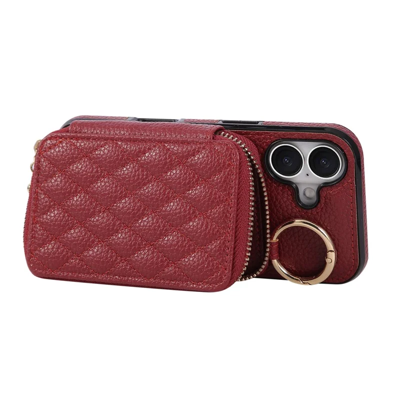 Funda para iPhone 16 con soporte para tarjetas, cremallera, correa de hombro y tapa trasera de cuero PU - Rojo