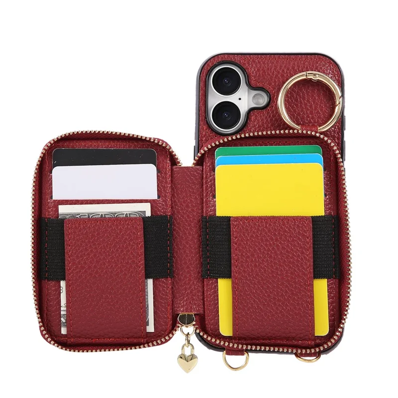 Funda para iPhone 16 con soporte para tarjetas, cremallera, correa de hombro y tapa trasera de cuero PU - Rojo