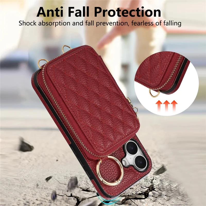 Funda para iPhone 16 con soporte para tarjetas, cremallera, correa de hombro y tapa trasera de cuero PU - Rojo