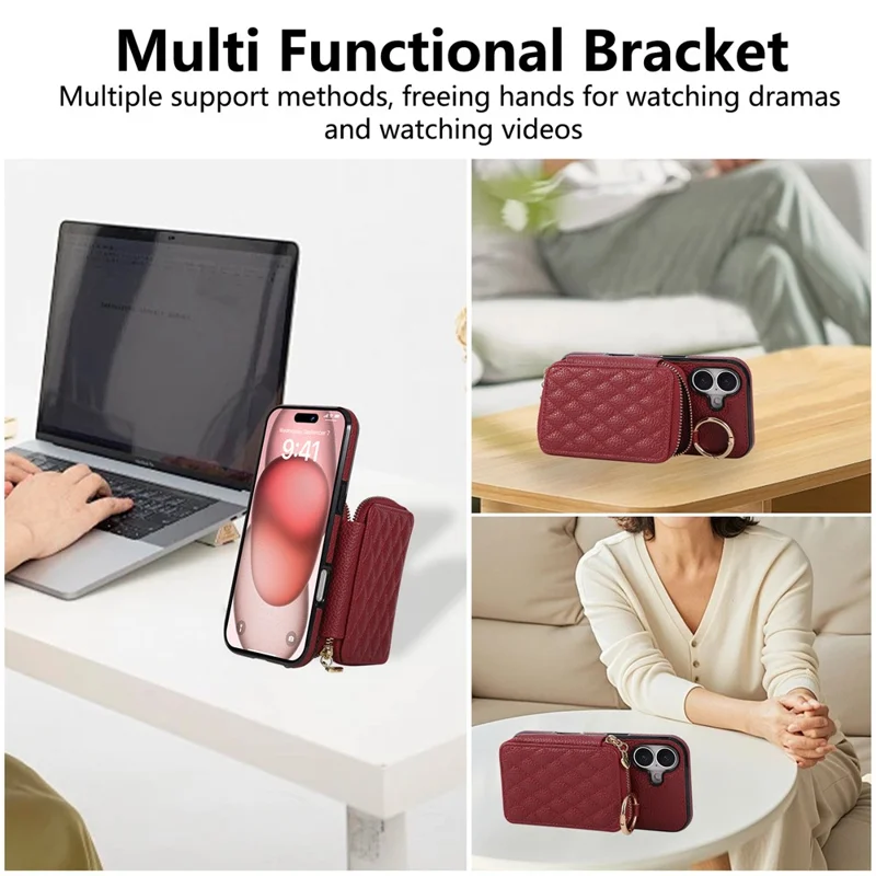 Funda para iPhone 16 con soporte para tarjetas, cremallera, correa de hombro y tapa trasera de cuero PU - Rojo