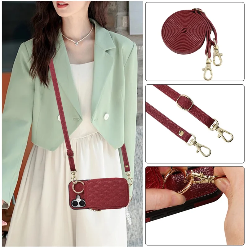 Funda para iPhone 16 con soporte para tarjetas, cremallera, correa de hombro y tapa trasera de cuero PU - Rojo