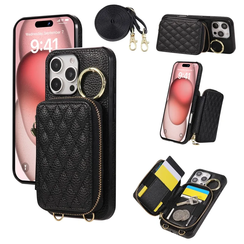 Cover per iPhone 16 Pro con Portatessere con Cerniera, Custodia Posteriore in Pelle PU con Tracolla - Nero