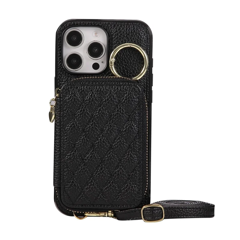 Cover per iPhone 16 Pro con Portatessere con Cerniera, Custodia Posteriore in Pelle PU con Tracolla - Nero
