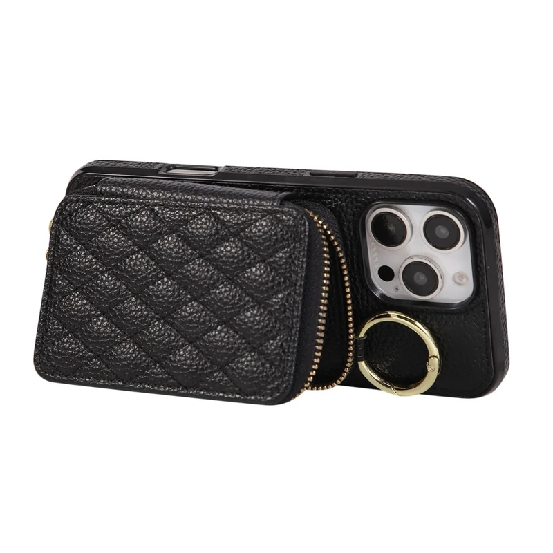 Cover per iPhone 16 Pro con Portatessere con Cerniera, Custodia Posteriore in Pelle PU con Tracolla - Nero