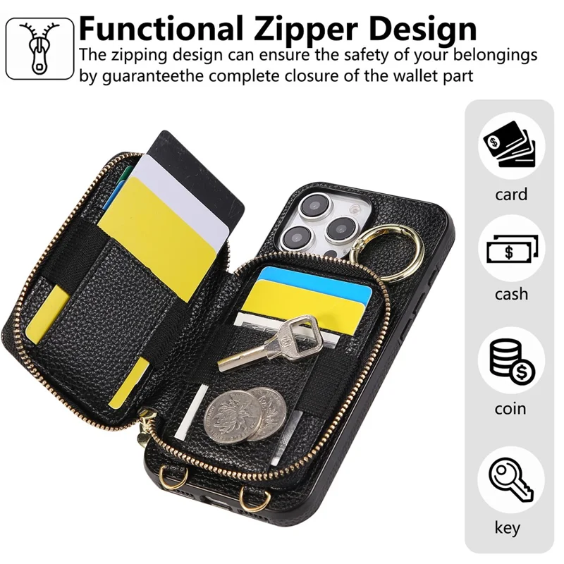 Cover per iPhone 16 Pro con Portatessere con Cerniera, Custodia Posteriore in Pelle PU con Tracolla - Nero