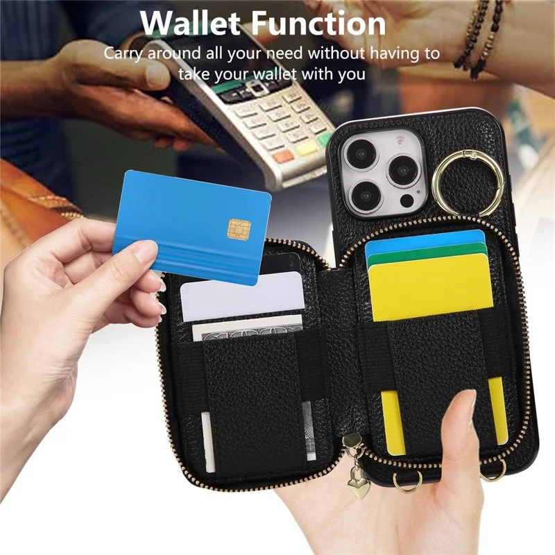 Cover per iPhone 16 Pro con Portatessere con Cerniera, Custodia Posteriore in Pelle PU con Tracolla - Nero