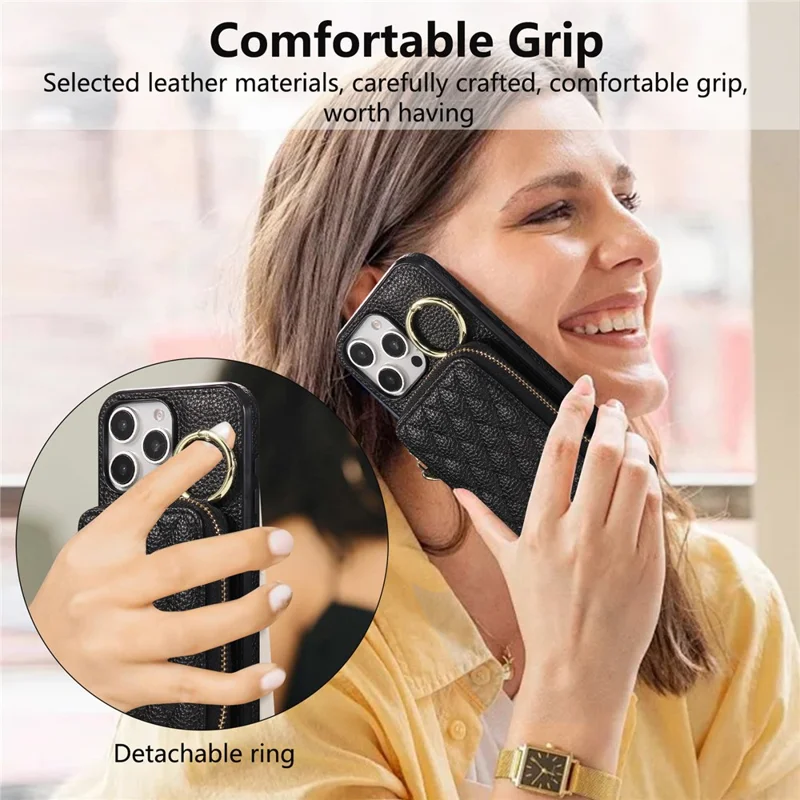 Cover per iPhone 16 Pro con Portatessere con Cerniera, Custodia Posteriore in Pelle PU con Tracolla - Nero