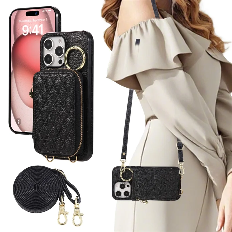 Cover per iPhone 16 Pro con Portatessere con Cerniera, Custodia Posteriore in Pelle PU con Tracolla - Nero