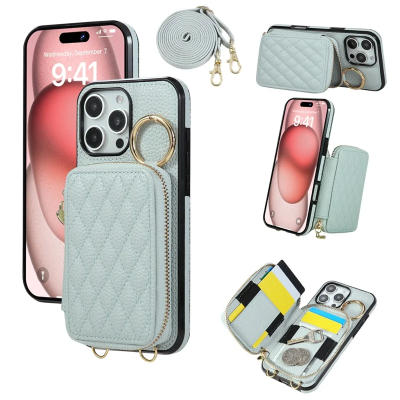 Für iPhone 16 Pro Max Hülle mit Reißverschluss und Kartenfach PU-Leder Rückseite mit Schultergurt - Blau