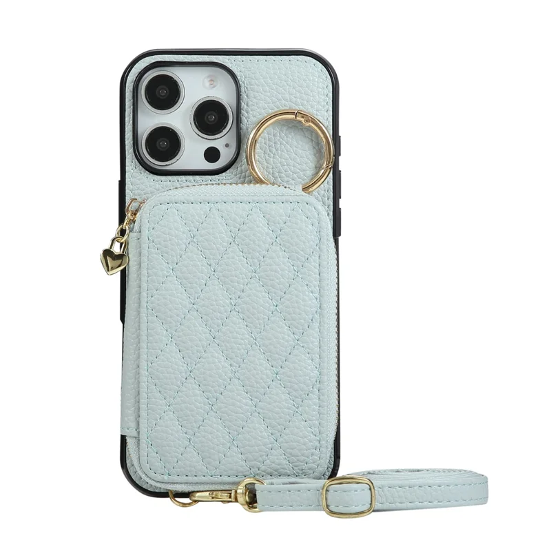 Für iPhone 16 Pro Max Hülle mit Reißverschluss und Kartenfach PU-Leder Rückseite mit Schultergurt - Blau