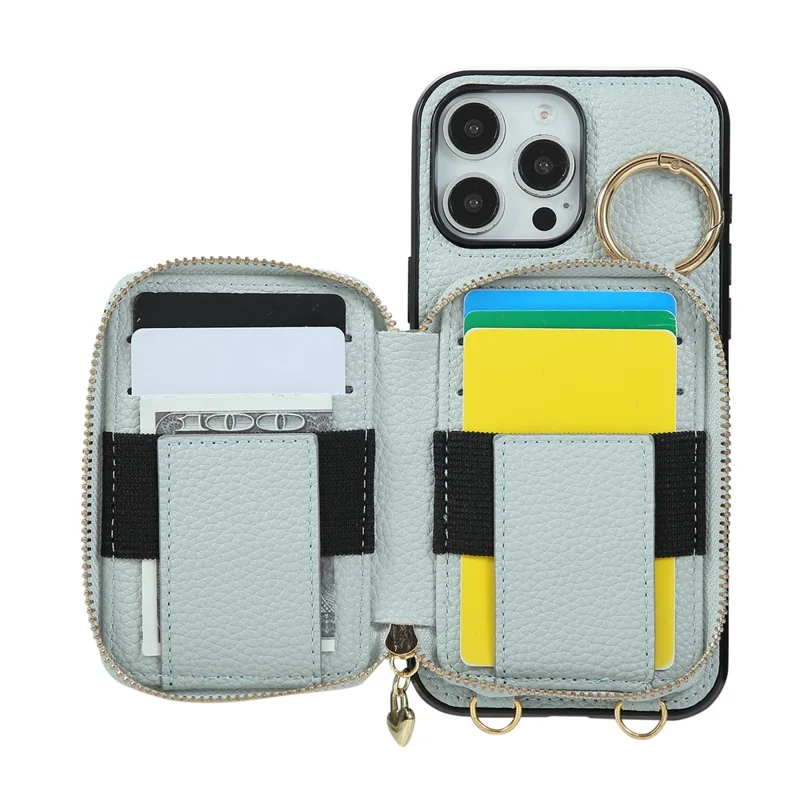 Für iPhone 16 Pro Max Hülle mit Reißverschluss und Kartenfach PU-Leder Rückseite mit Schultergurt - Blau