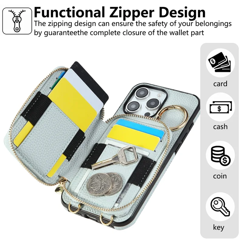 Für iPhone 16 Pro Max Hülle mit Reißverschluss und Kartenfach PU-Leder Rückseite mit Schultergurt - Blau