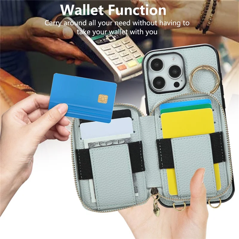 Für iPhone 16 Pro Max Hülle mit Reißverschluss und Kartenfach PU-Leder Rückseite mit Schultergurt - Blau