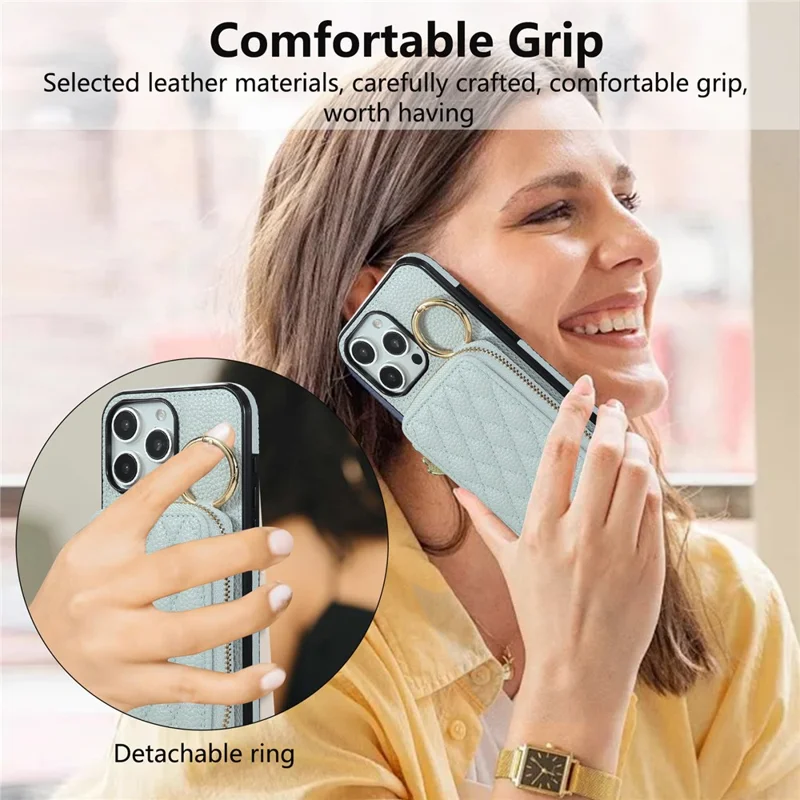 Für iPhone 16 Pro Max Hülle mit Reißverschluss und Kartenfach PU-Leder Rückseite mit Schultergurt - Blau