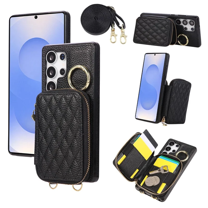 For Samsung Galaxy S25 Ultra Case Zipper Card Holder PU Leather Phone Back Cover with Shoulder Strap - Black