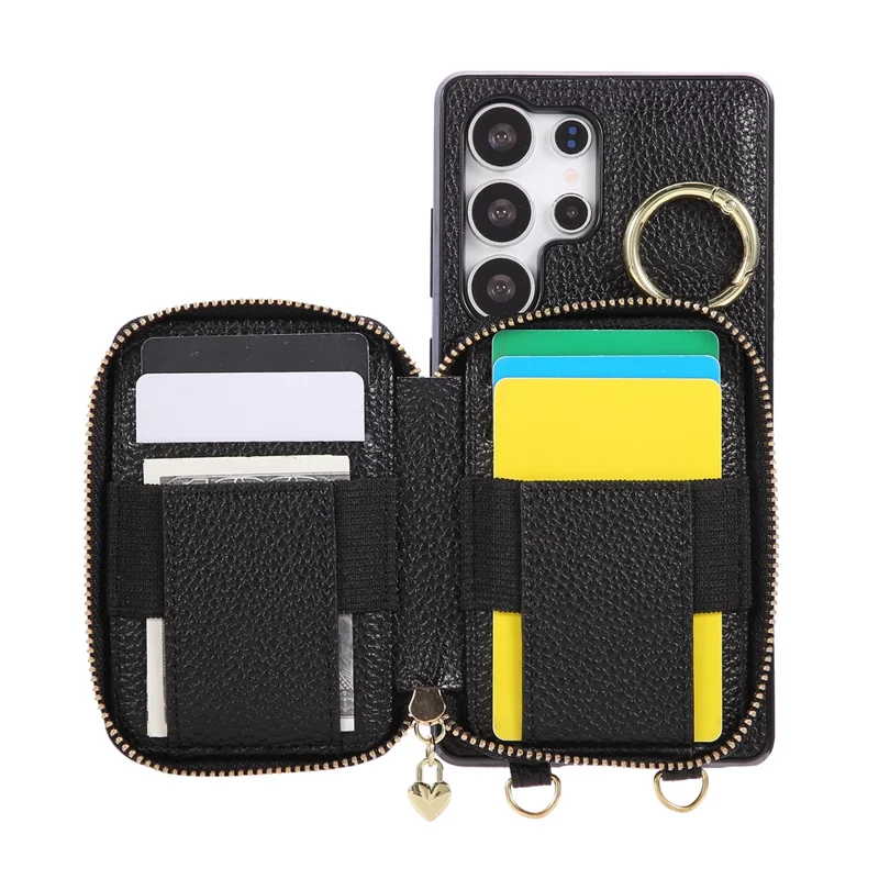 For Samsung Galaxy S25 Ultra Case Zipper Card Holder PU Leather Phone Back Cover with Shoulder Strap - Black