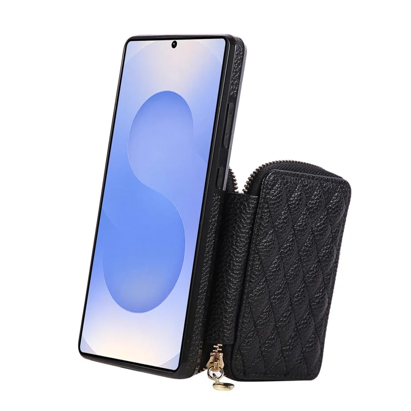 For Samsung Galaxy S25 Ultra Case Zipper Card Holder PU Leather Phone Back Cover with Shoulder Strap - Black