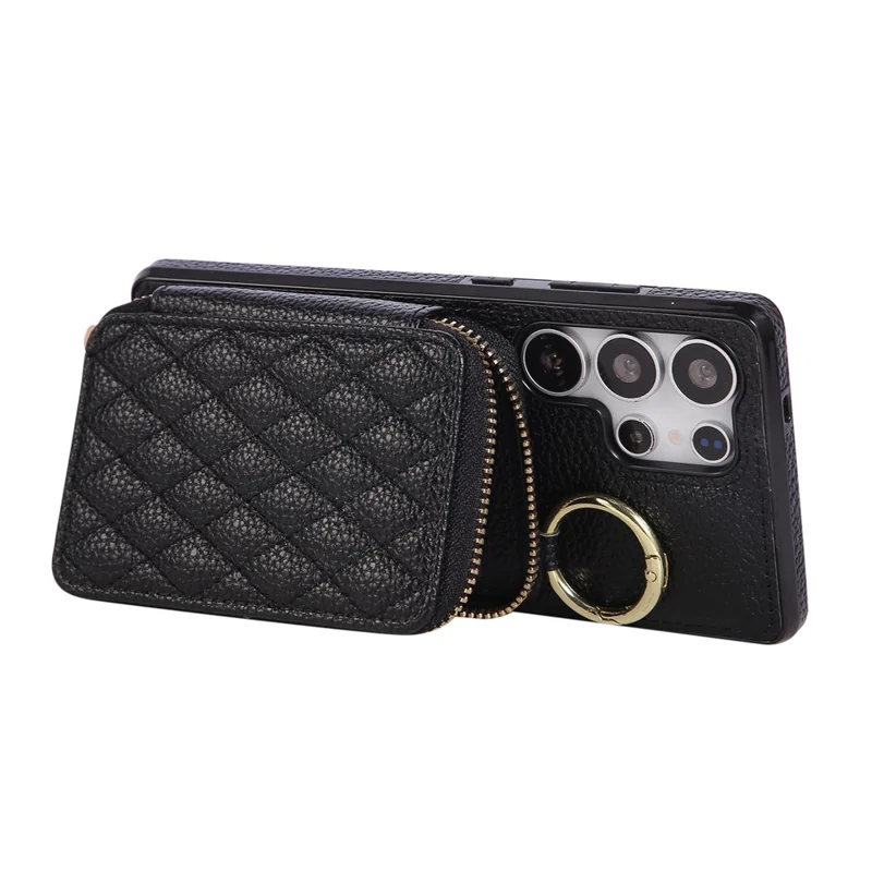 For Samsung Galaxy S25 Ultra Case Zipper Card Holder PU Leather Phone Back Cover with Shoulder Strap - Black