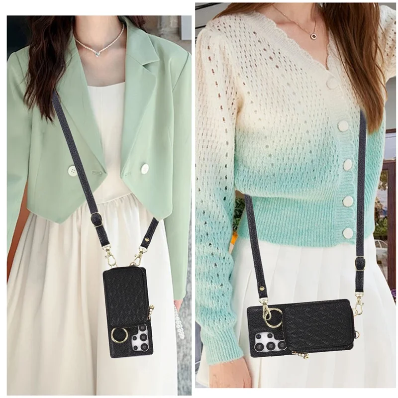 For Samsung Galaxy S25 Ultra Case Zipper Card Holder PU Leather Phone Back Cover with Shoulder Strap - Black