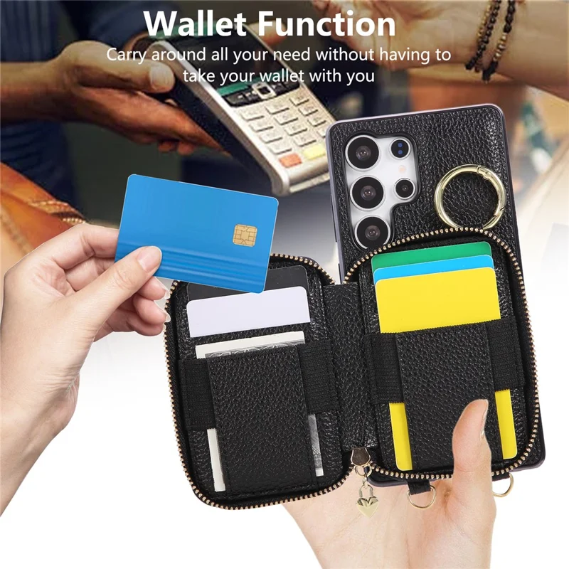 For Samsung Galaxy S25 Ultra Case Zipper Card Holder PU Leather Phone Back Cover with Shoulder Strap - Black