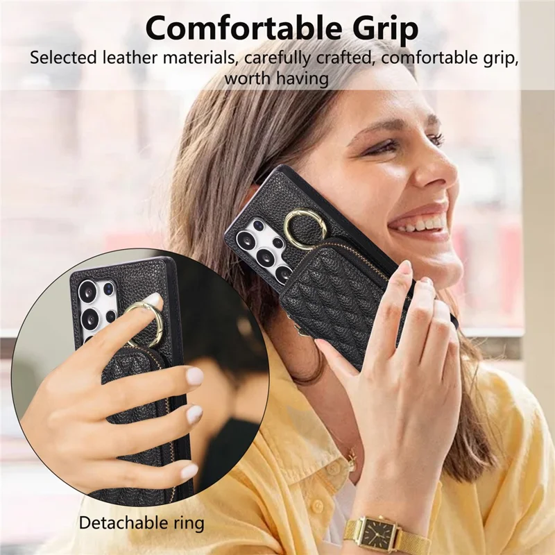 For Samsung Galaxy S25 Ultra Case Zipper Card Holder PU Leather Phone Back Cover with Shoulder Strap - Black