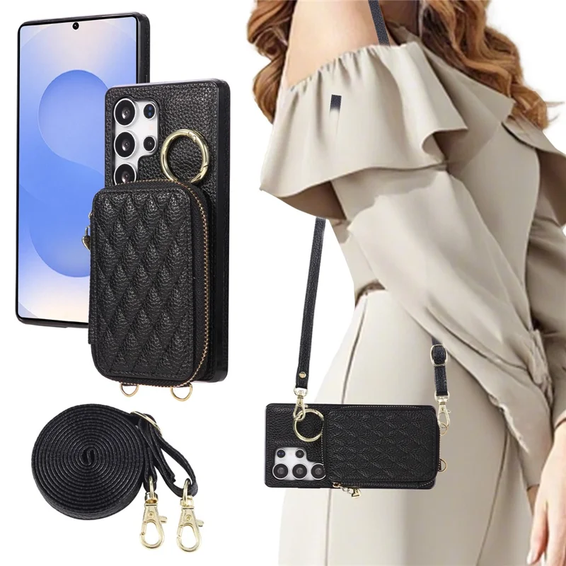 For Samsung Galaxy S25 Ultra Case Zipper Card Holder PU Leather Phone Back Cover with Shoulder Strap - Black